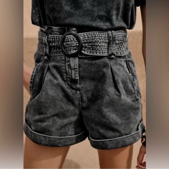 Sezane Pants - Sezane Rome Shorts in Black Wash Denim